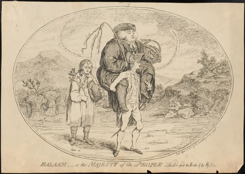Illustration ancienne représentant un homme portant une bourse, allégorie de la richesse et de la tentation