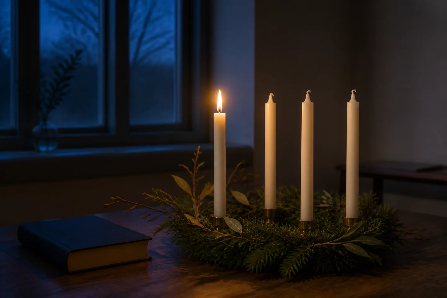 Couronne de l'Avent sobre avec quatre bougies, dont la première est allumée, auprès d'une Bible dans la lumière du soir.