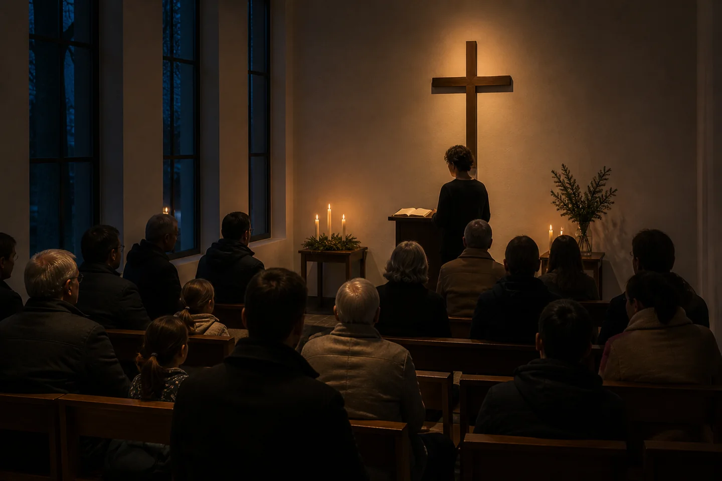 Petite assemblée réunie pour un culte de Noël dans un temple protestant sobre, avec une Bible au pupitre et quelques bougies.