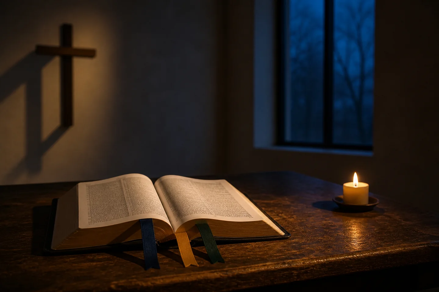 Bible ouverte avec trois rubans marquant les récits de Noël dans Luc, Matthieu et Jean, éclairée par une bougie.