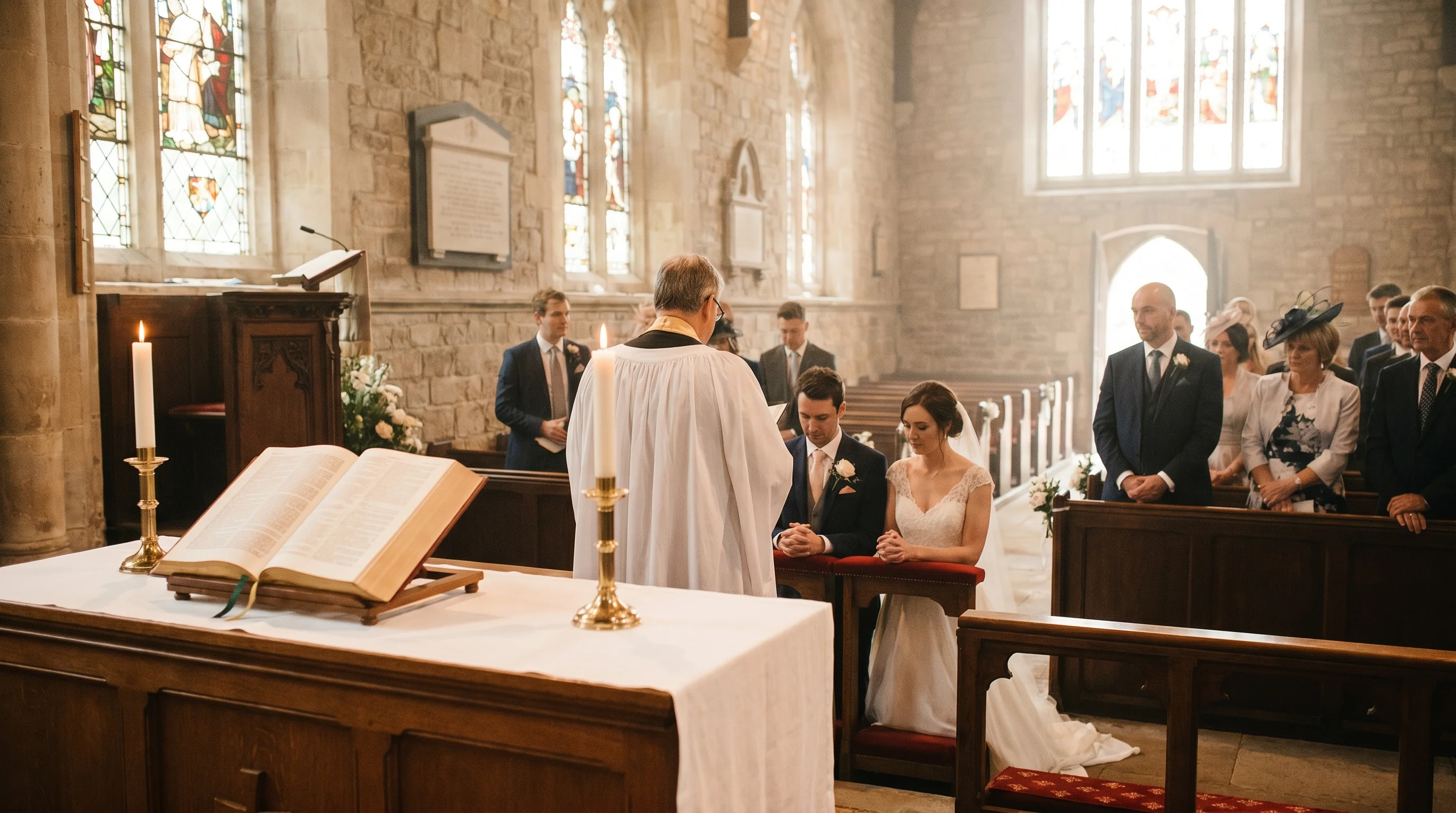 Bible ouverte avec deux anneaux de mariage posés sur les pages, lumière douce et bienveillante.
