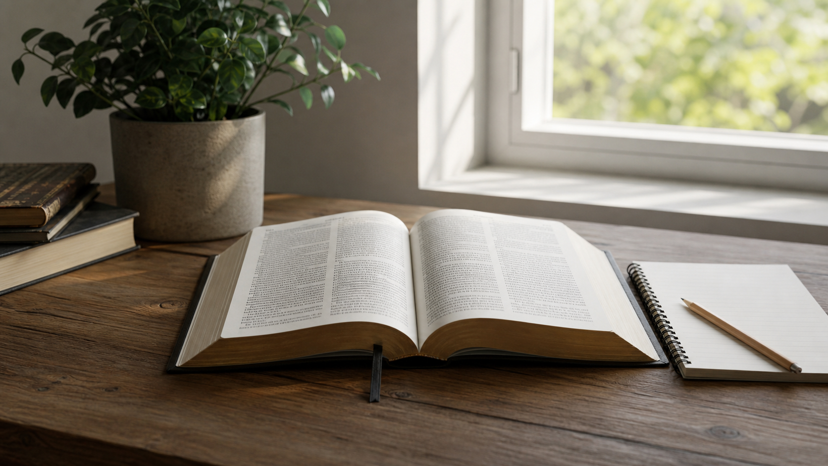 Bible ouverte au début de la Genèse avec carnet de lecture et lumière naturelle.