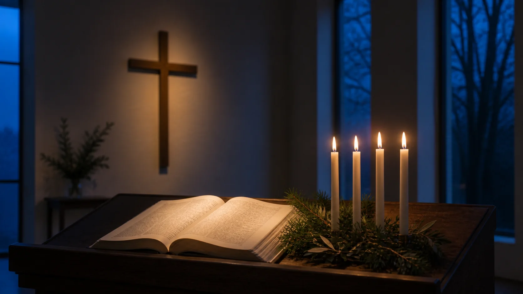 Bible ouverte et quatre bougies de l'Avent éclairées dans un temple protestant, avec une croix en arrière-plan.